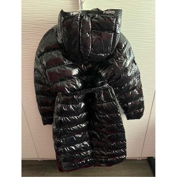 PINKO shiny black belted hooded coat - Picture 4 of 8